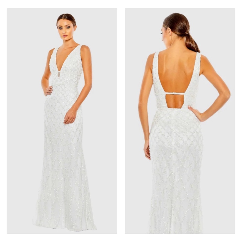 Mac Duggal Plunging Neckline Sequined Gown